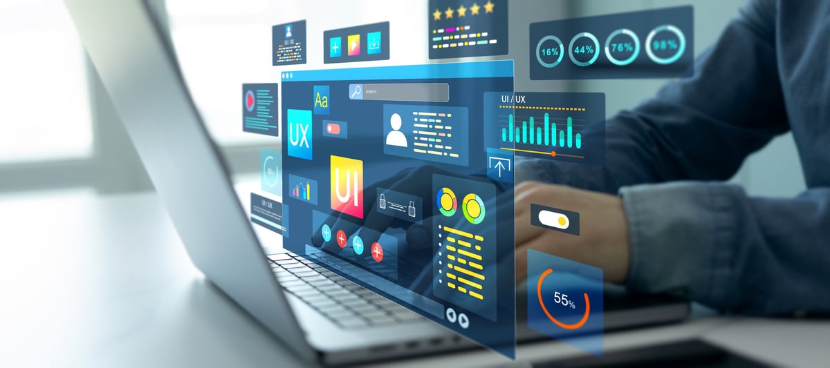 Holographic UI/UX design interface showing web and application design concepts